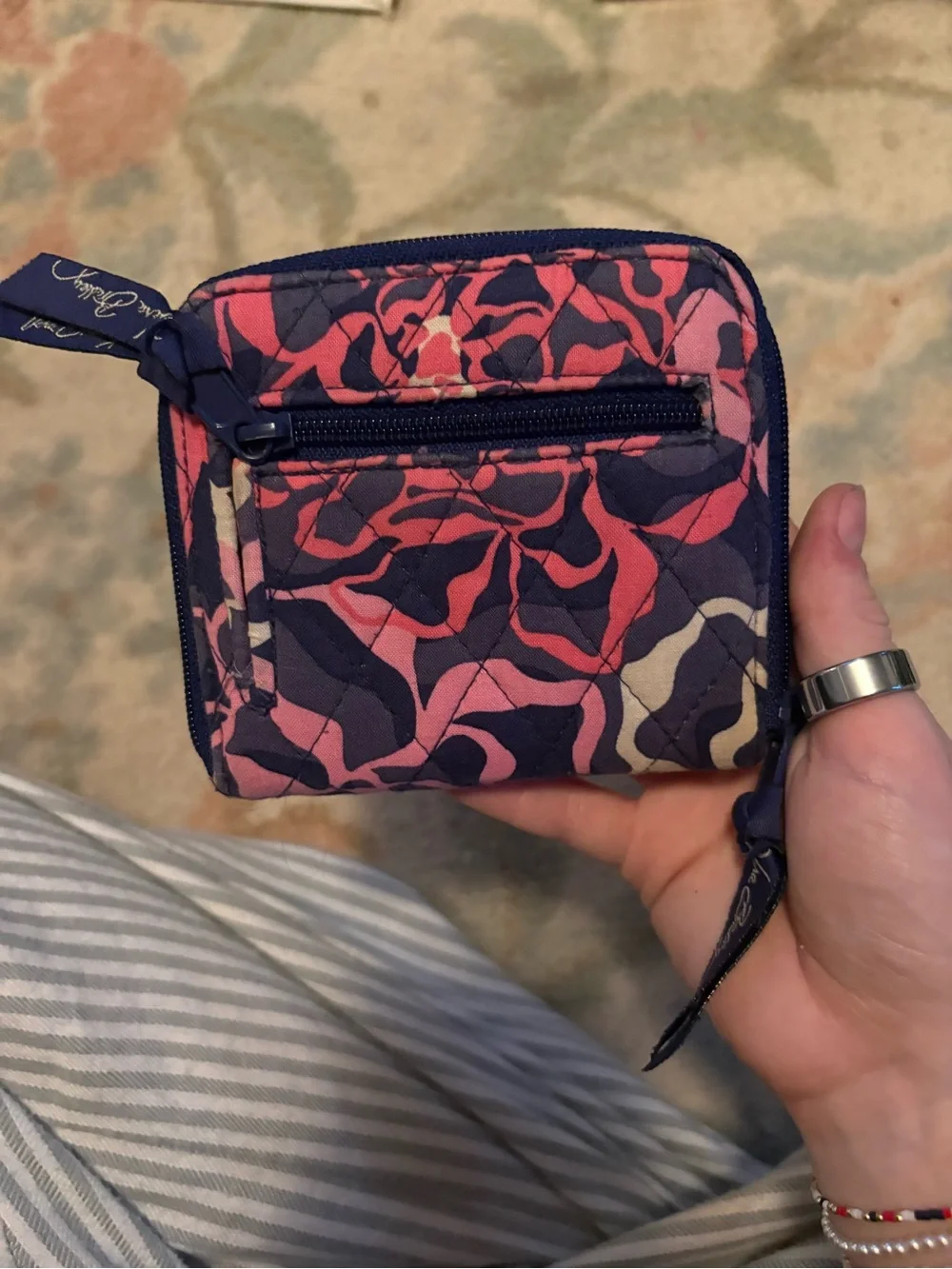 Vera Bradley Pink Navy Cream Quilted Zip Wallet